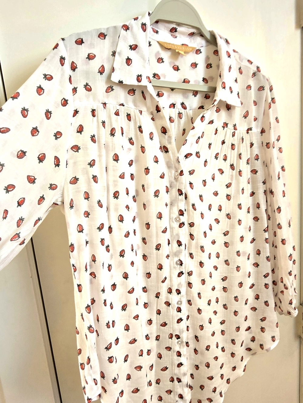 White Button-Down Shirt with Red Strawberry Print